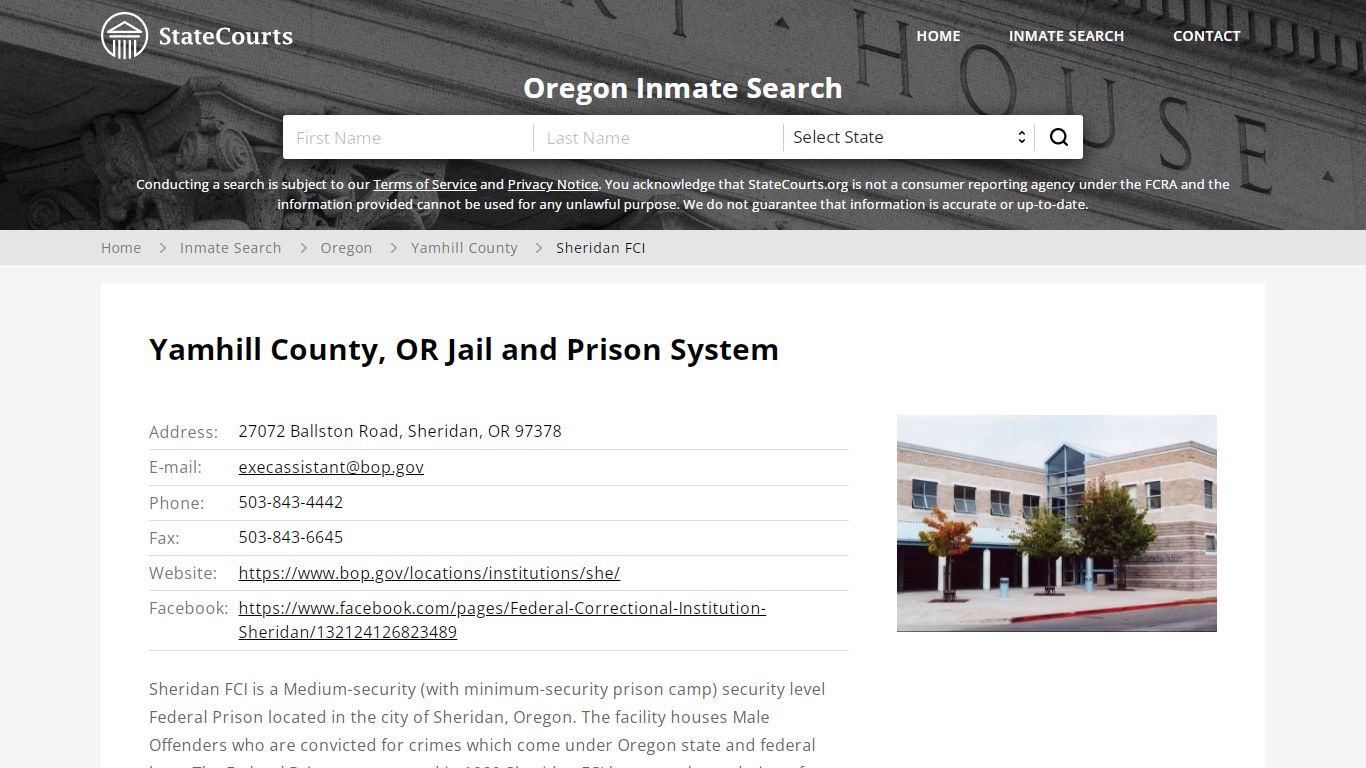 Sheridan FCI Inmate Records Search, Oregon - StateCourts