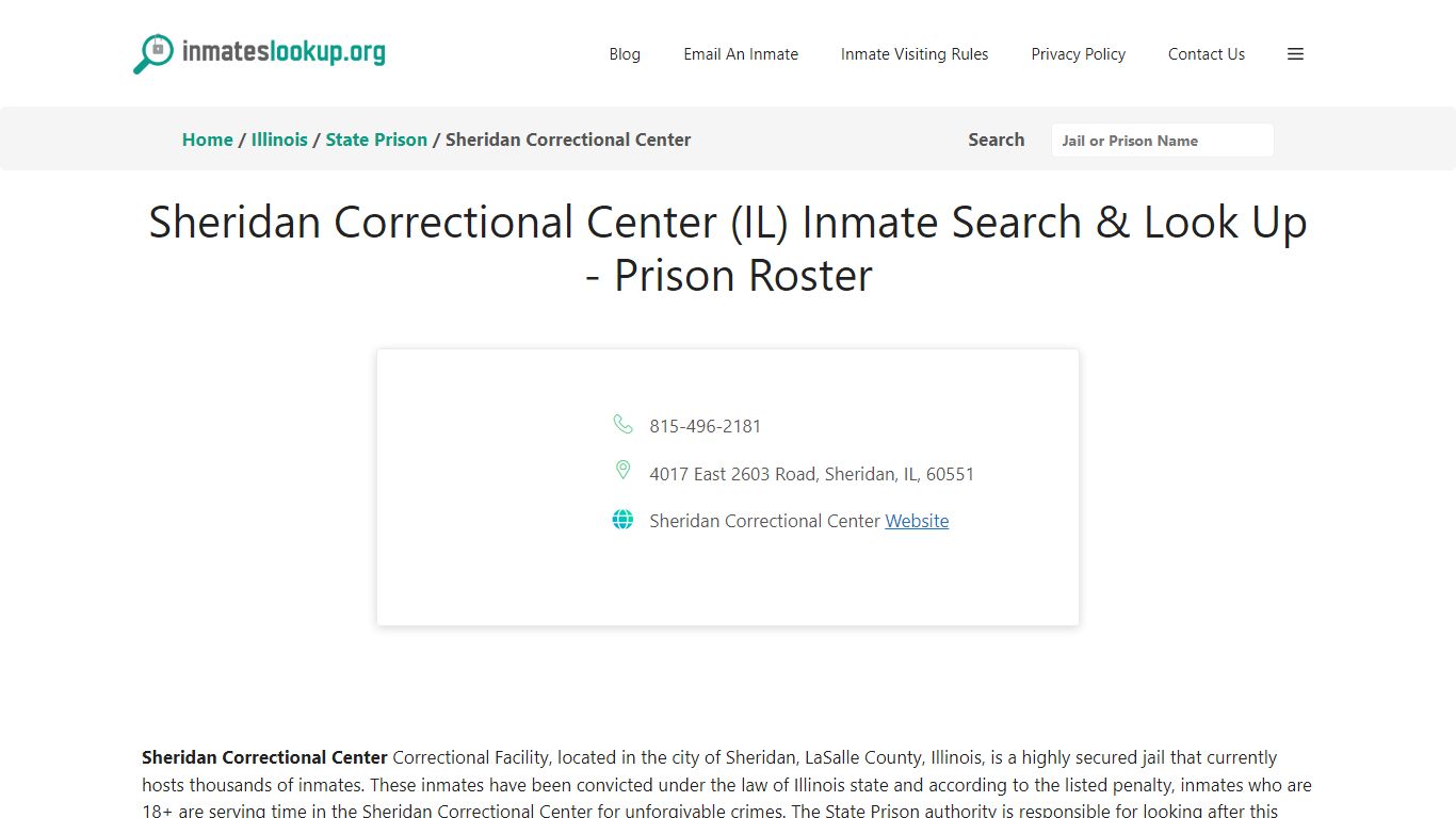 Sheridan Correctional Center (IL) Inmate Search & Look Up - Prison Roster
